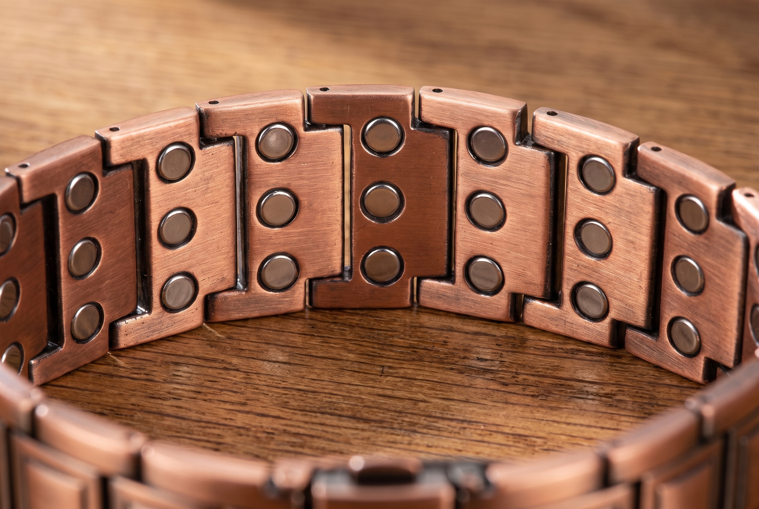 The inside of the band: three neodymium magnets set into every link, against the wrist.