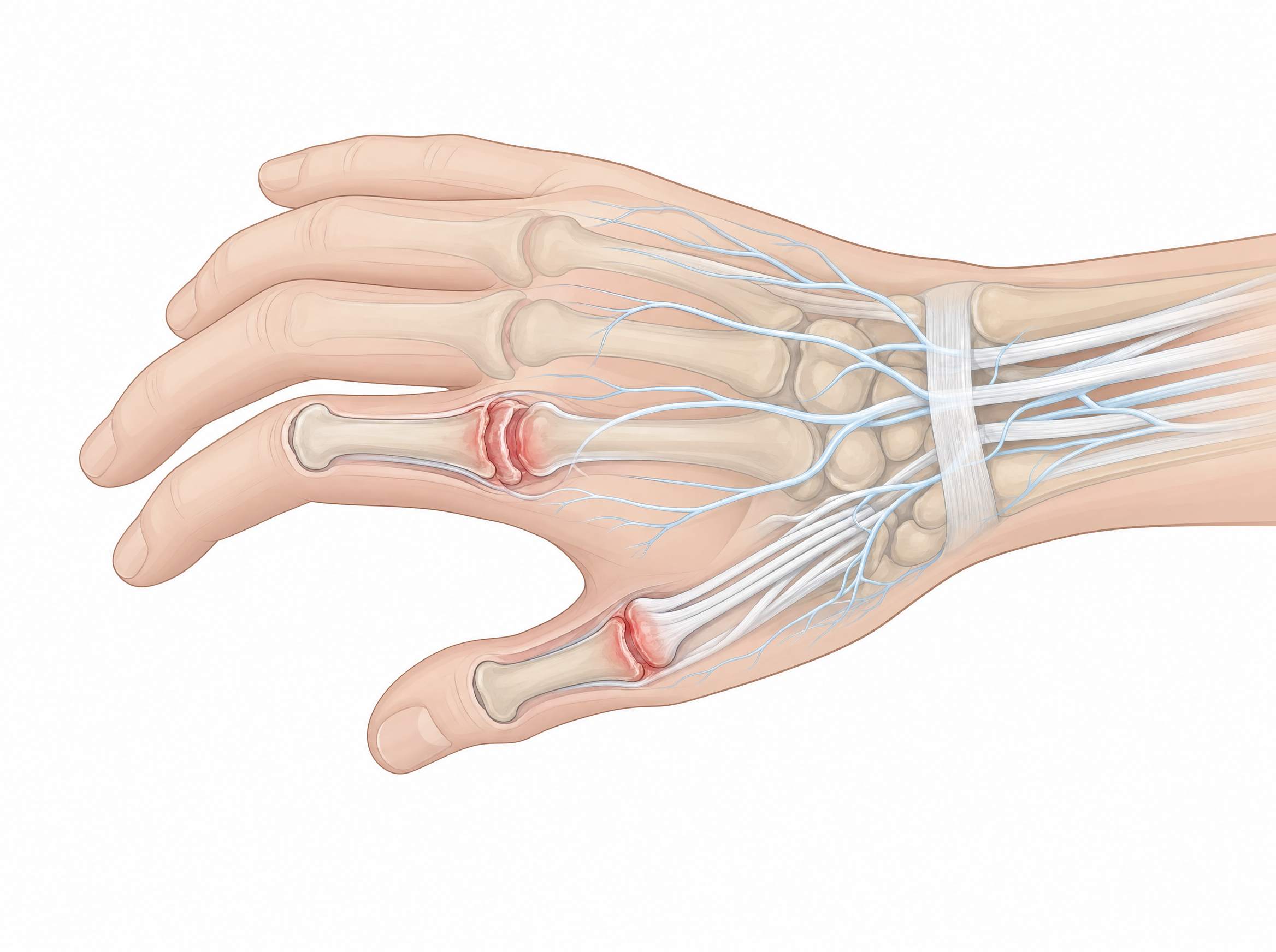 Small joints, tendons, one crowded space — and swelling that squeezes everything. Illustration, not a scan.