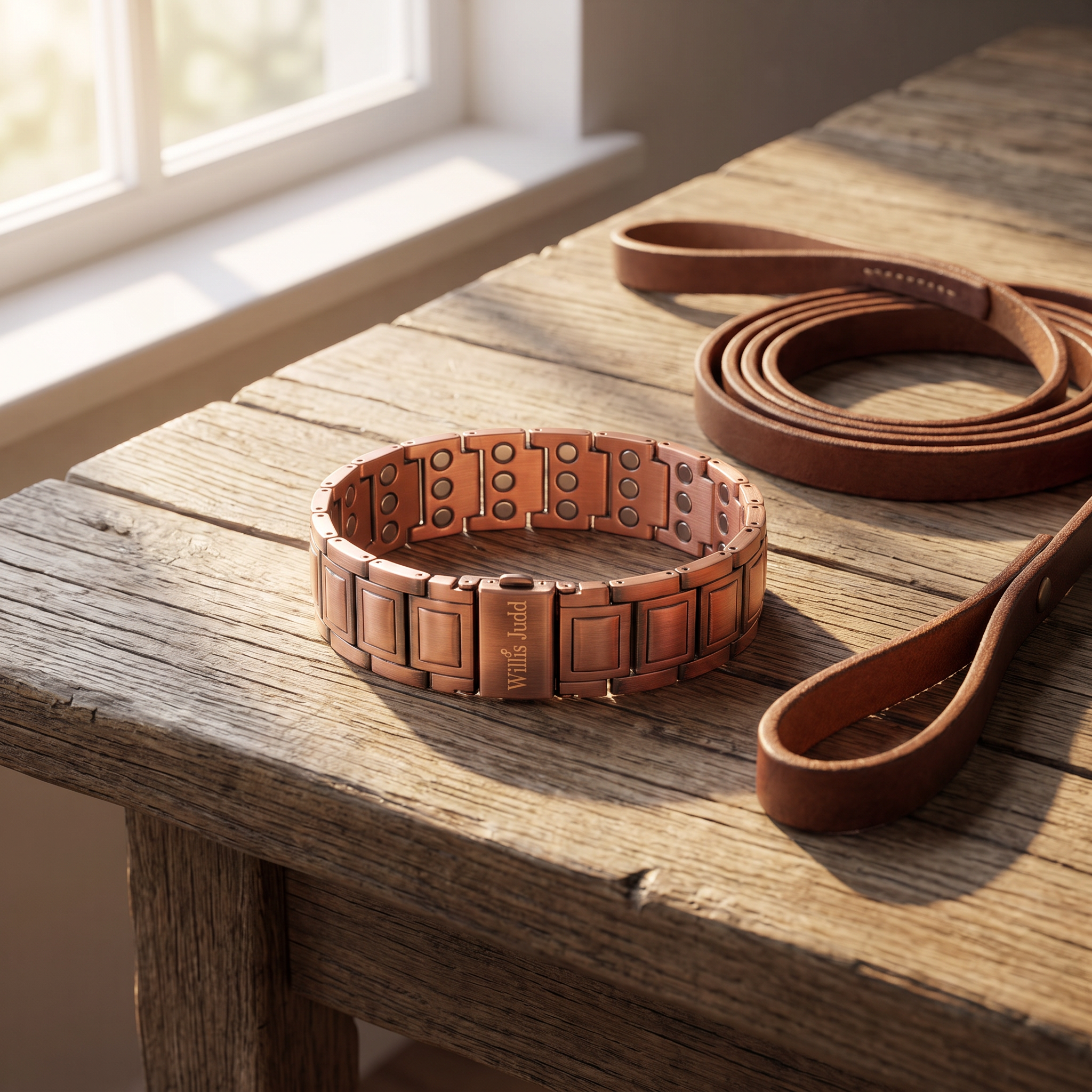 Solid copper, three magnets in the back of every link. This is the one most of them are wearing.